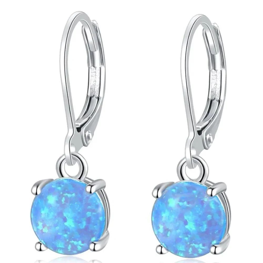 14K White Gold with Round Genuine Blue Fire Opal Hoop Leverback Drop Earrings